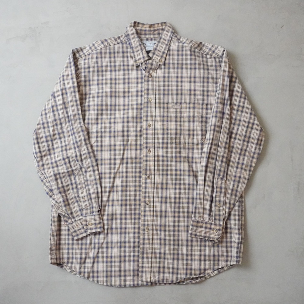 Vintage Carhartt Plaid Button Down Shirt Large Tall Mens Tan Blue Long Sleeve